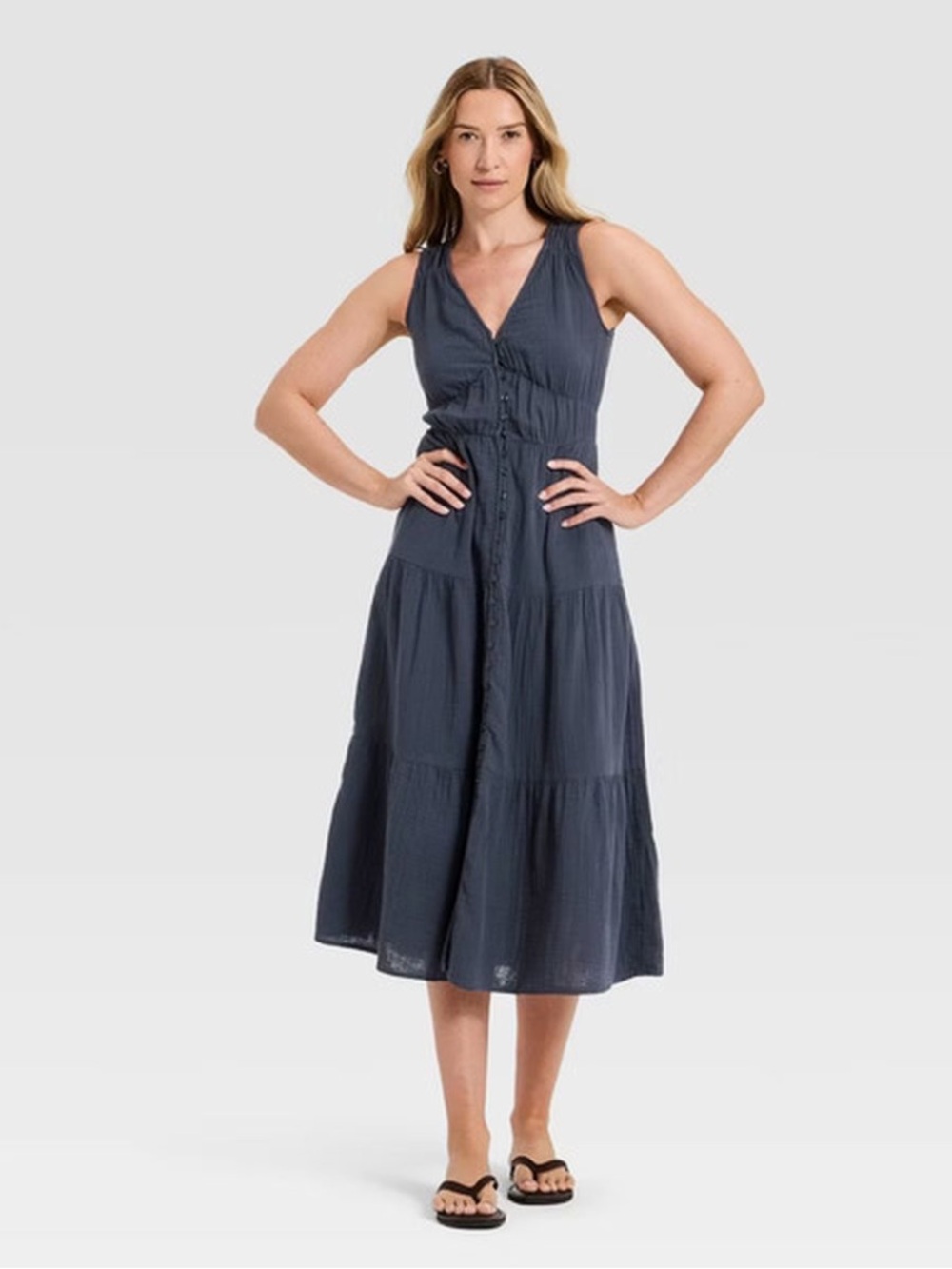 Universal Thread Button-Front V-Neck Tiered Midi A-Line Dress - Navy NWT L